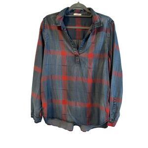 Laju Blue and Coral Plaid Pullover Blouse Size L Large Casual